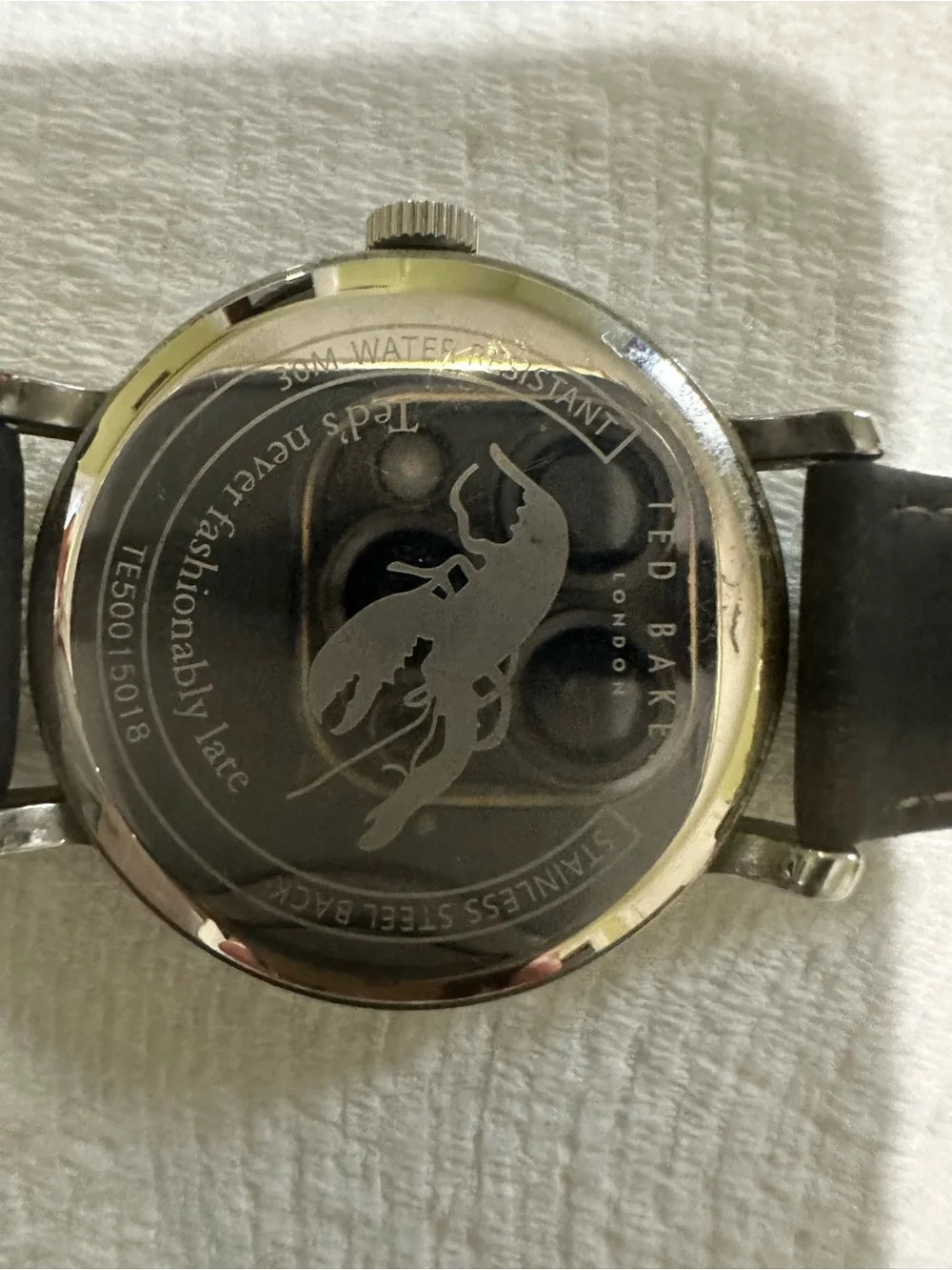 Ted Baker Silver Case Black Leather Strap Cream Textured Dial Watch